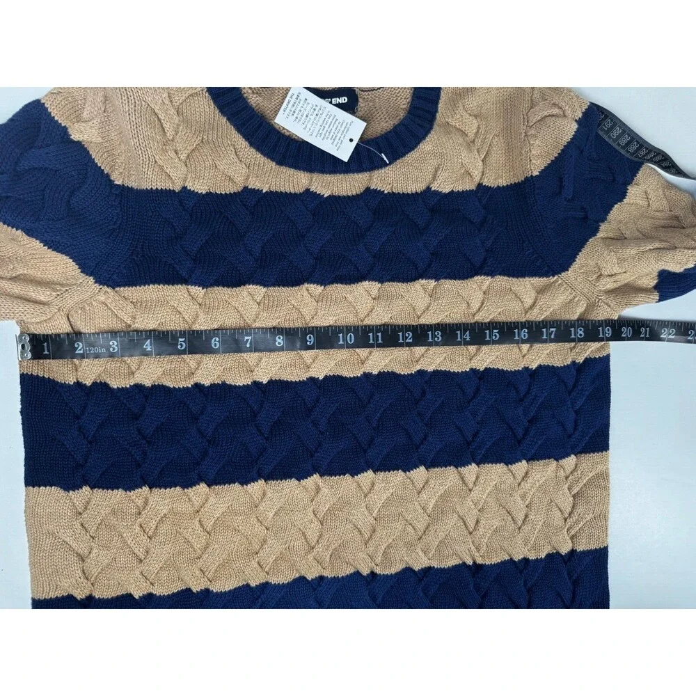 Lands End Women Drifter Sweater Medium Blue Tan Stripe Braided Cable Knit Preppy